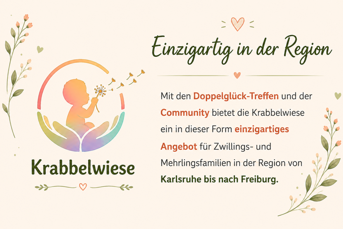 Logo mit einem Baby, das eine Blume hält, umgeben von bunten Pflanzenmotiven.