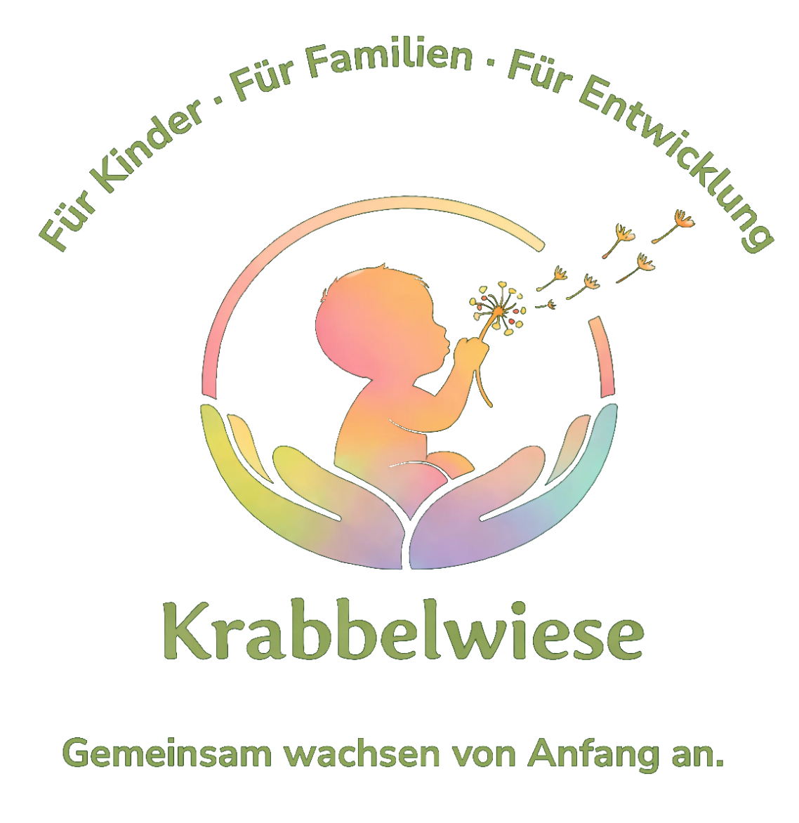 Logo der Krabbelwiese: Kinder, Familien, Entwicklung mit stilisierten Händen und Baby.