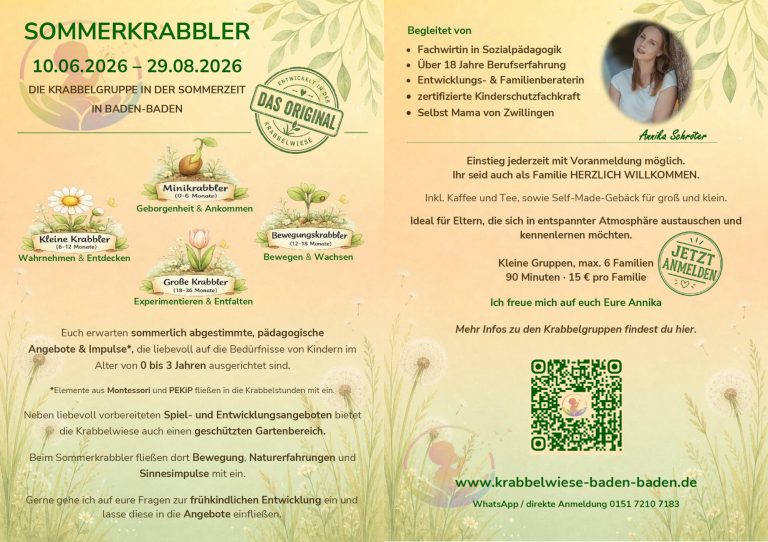 Flyer Sommerkrabbler Information über eine Sommerveranstaltung mit Angeboten und Kontaktdaten.
