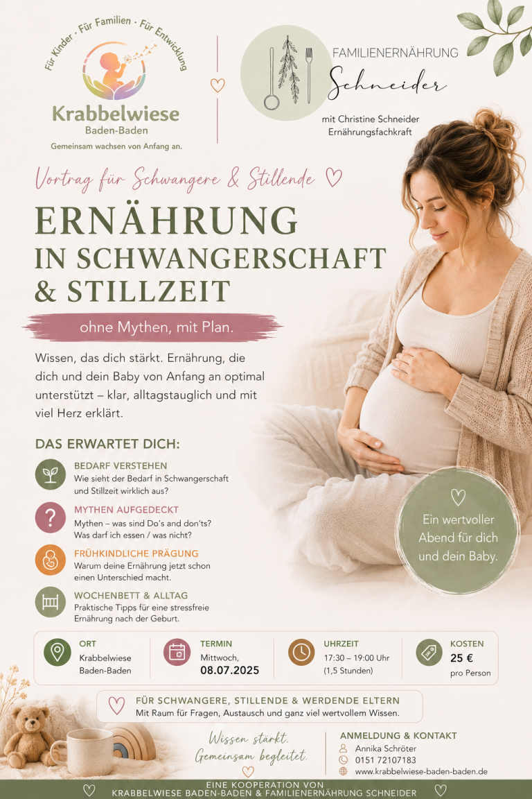 Flyer Ernährung in Schwangerschaft & Stillzeit Vortrag Krabbelwiese Baden Baden Informationen zur Ernährung in Schwangerschaft und Stillzeit, inklusive Kurse und Angebote.