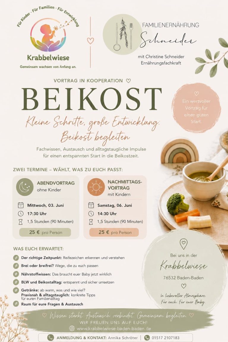 Flyer Beikost Vortrag Information über einen Kurs zur Beikosteinführung mit Terminen und Materialien.