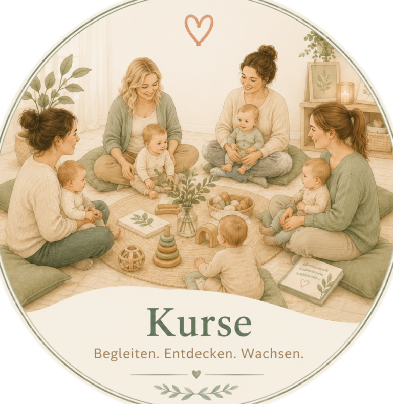 Krabbelwiese Baden-Baden Kurse Gruppensitzung mit Müttern und Babys in einem gemütlichen Raum, umgeben von Spielzeugen.