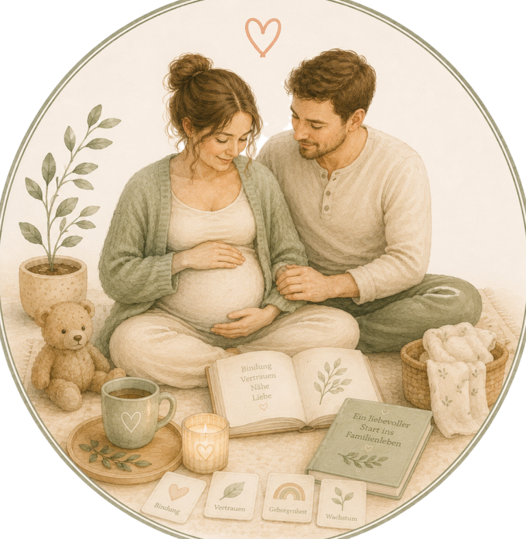Titelbild Eine bewusste Geburt für dich - ein liebevoller Start für dein Baby Vortrag Krabbelwiese Baden-Baden Schwangere Frau und Partner sitzen zusammen, umgeben von Büchern und einer Puppe.
