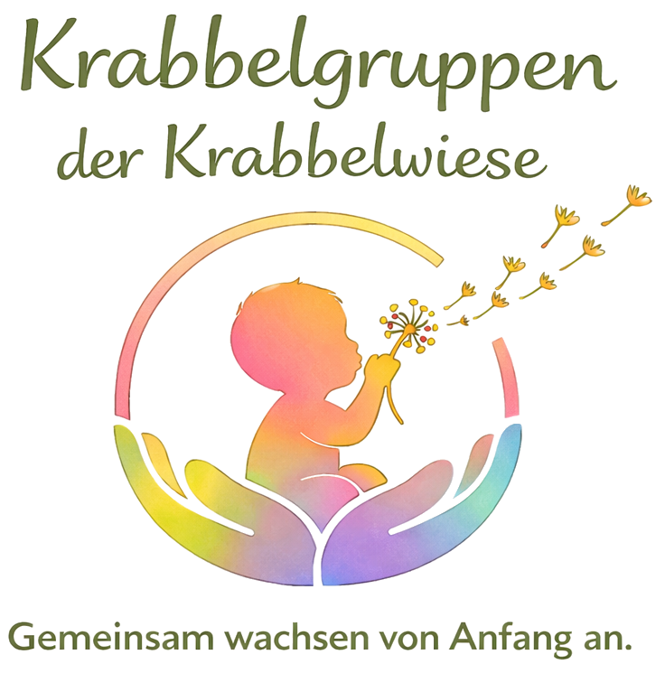 Logo der Krabbelgruppen mit einem Baby, das Blumenblätter hält, und Händen, die es umgeben.