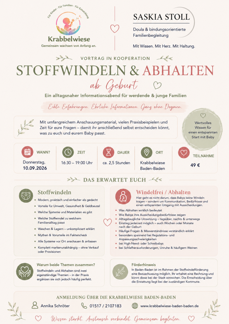 Informationsblatt über Stoffwindeln und Abhaltetraining mit Angeboten und Services.