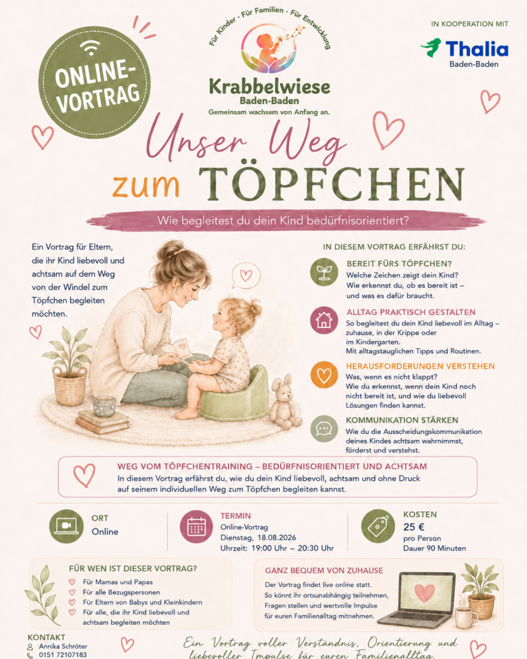 Mutti mit Kind und Hund, Informationen zum Töpfchen-Training, bunte Grafiken und Symbole.