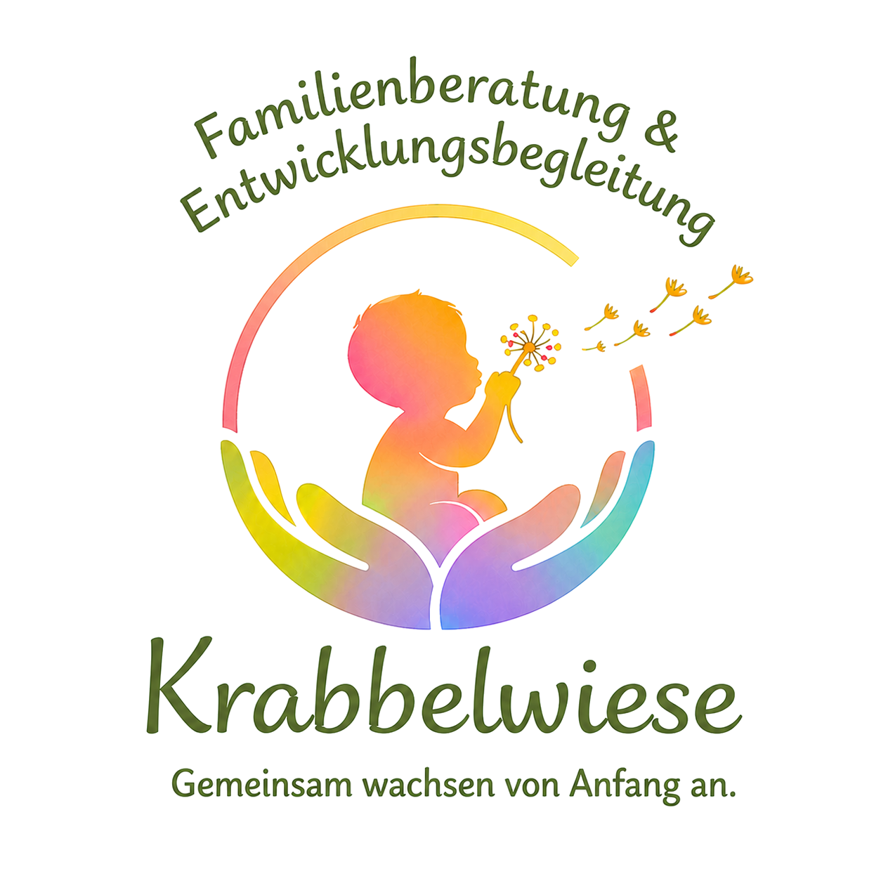 Logo von Krabbelwiese mit einem Baby, Händen und bunten Elementen.