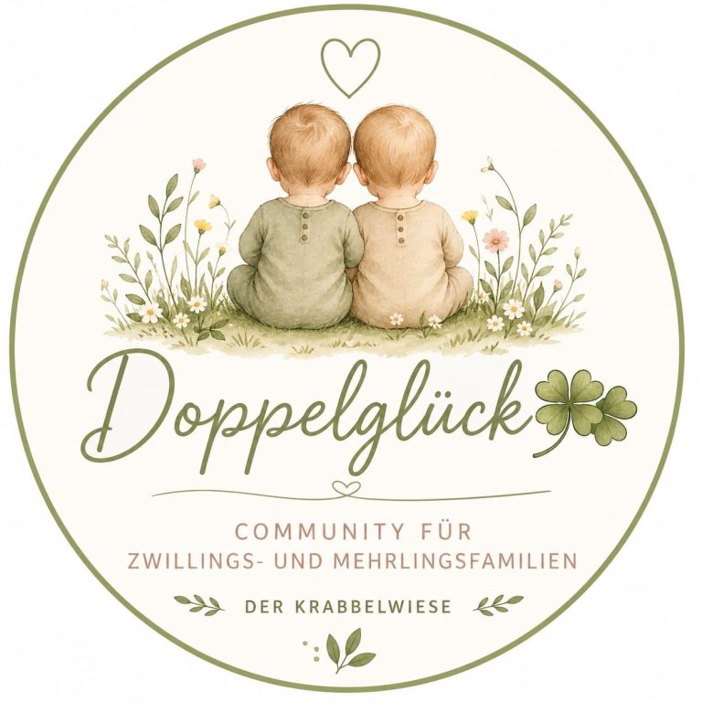 Zwei sitzende Kleinkinder in neutralen Farben, umgeben von einem herzförmigen Rahmen und Kleeblatt.