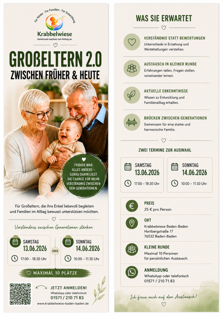 Vortragsflyer Grosseltern 2.0 Krabbelwiese Baden-Baden Älteres Paar hält ein Baby, lächelnd und glücklich. Informative Veranstaltungshinweise im Hintergrund.