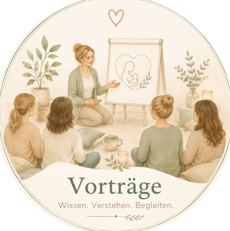 Krabbelwiese Baden-Baden Vorträge Eine Person präsentiert vor einer Gruppe von Menschen ein Bild, umgeben von bunten Händen.