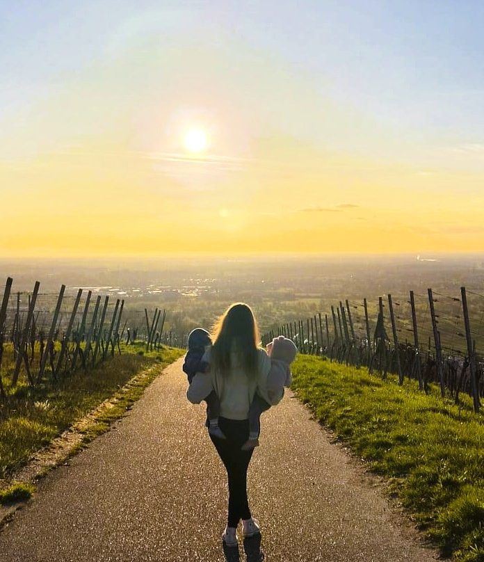 Eine Person geht einen Weg durch Weinberge bei Sonnenuntergang.