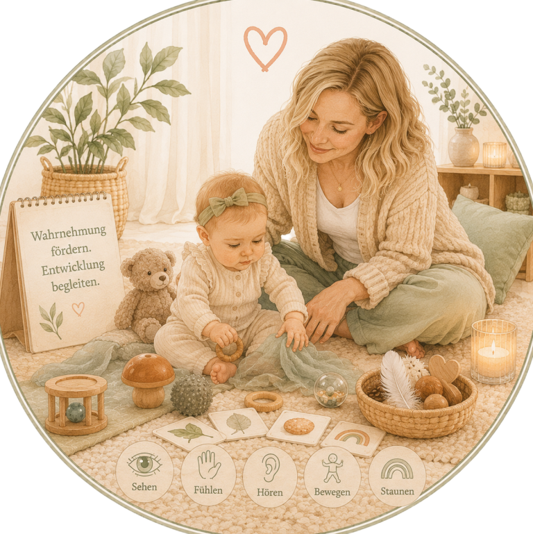 Titelbild Wahnehmung - wie Kinder die Welt entdecken Baden-Baden Eine Mutter spielt mit ihrem Baby auf dem Boden, umgeben von Spielzeug und Karten.