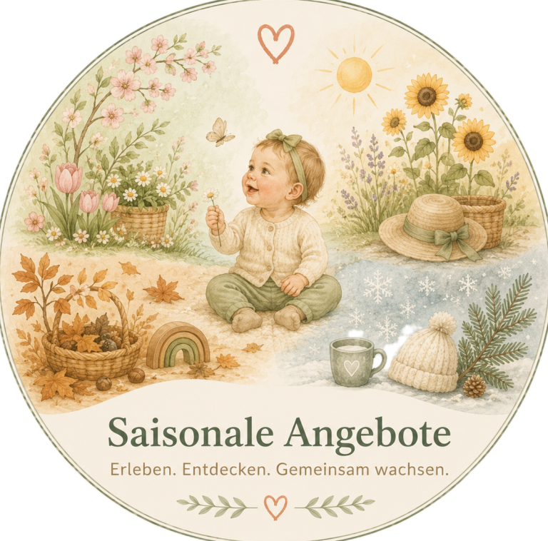 Krabbelwiese Baden-Baden Saisonale Angebote Ein rundes Design mit einem lächelnden Baby, Blumen und saisonalen Elementen.