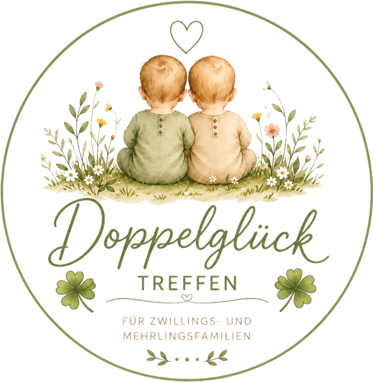 Zwei sitzende Zwillinge mit Blumen und dem Text "Doppelglück Treffen".