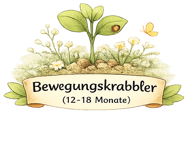Bewegungskrabbler (12–18 Monate) Logo mit einem Keimling, Schmetterling und der Aufschrift „Bewegungskrabbler (12-18 Monate)