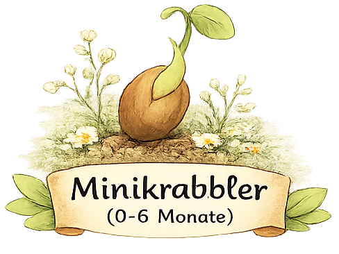 Logo für Minikrabbler (0-6 Monate) mit Keimling auf Erde und Blumen.