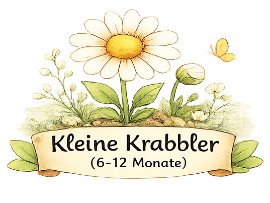 Kleine Krabbler der Krabbelgruppe als Logo der Krabbelwiese Baden-Baden Blumenmotiv mit der Aufschrift "Kleine Krabbler (6-12 Monate)" und ein Schmetterling.