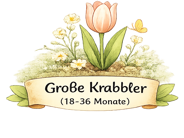Große Krabbler Logo Krabbelwiese Baden-Baden Blumen und eine rosa Tulpe mit dem Text „Große Krabbler (18-36 Monate)“.
