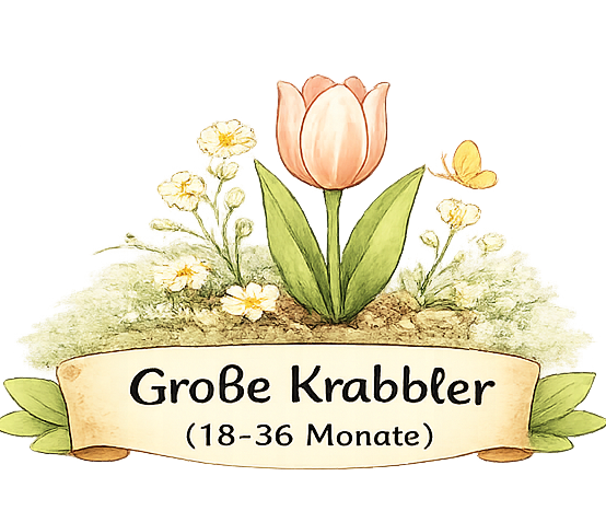 Blühende Tulpe und Blumen mit dem Text "Große Krabbler (18-36 Monate)".