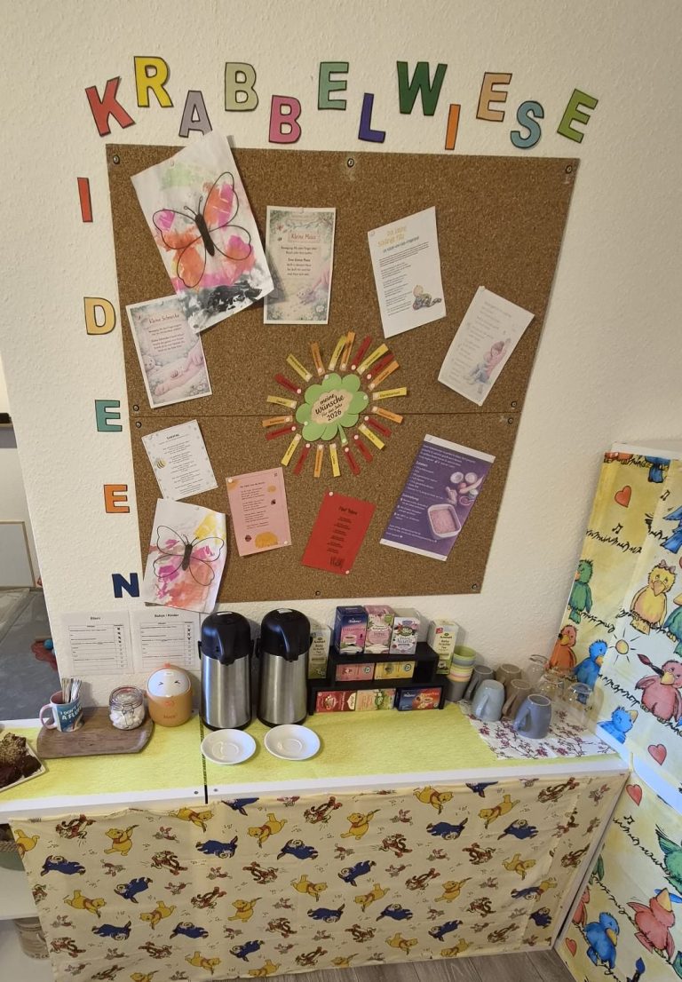 Bunte Pinnwand mit Zeichnungen, Sonnenmotiv und Tischen mit Geschirr und Geräten.