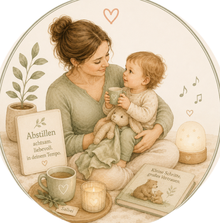 Titelbild Abstillen-Vortrag Krabbelwiese Baden-Baden Eine Mutter sitzt mit ihrem Kind, beide halten Tassen, umgeben von Kuscheltieren und Kerzen.