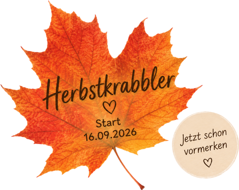 Bunte Herbstblatt mit Aufschrift "Herbstkrabbler" und Hinweis auf Startdatum.
