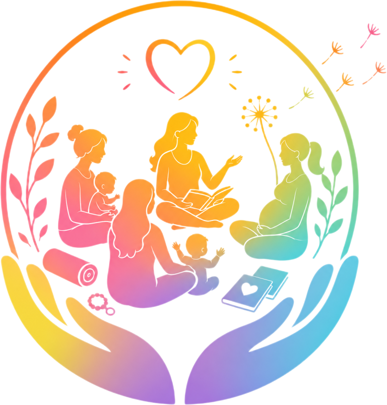 Krabbelwiesen Kurse Silhouette von Frauen in verschiedenen Aktivitäten der Fürsorge und Gemeinschaft, umgeben von Herzen.