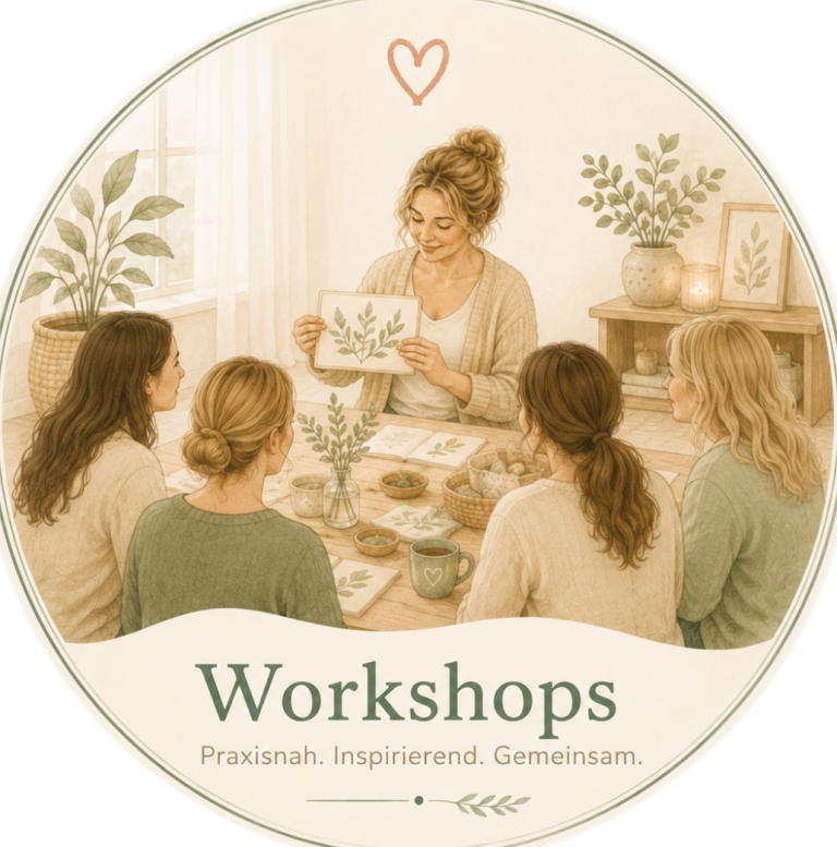 Krabbelwiese Baden-Baden Workshops Fünf Frauen bei einem Workshop, eine zeigt eine Zeichnung, freundliche Atmosphäre.