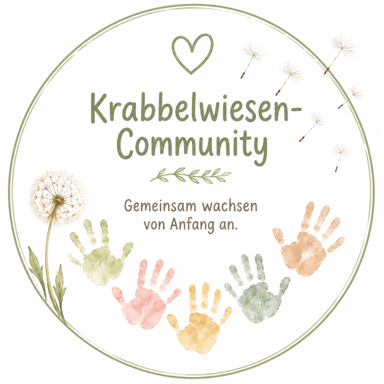 Logo der Krabbelwiesen-Community mit bunten Handabdrücken und dem Slogan „Gemeinsam wachsen von Anfang an“.