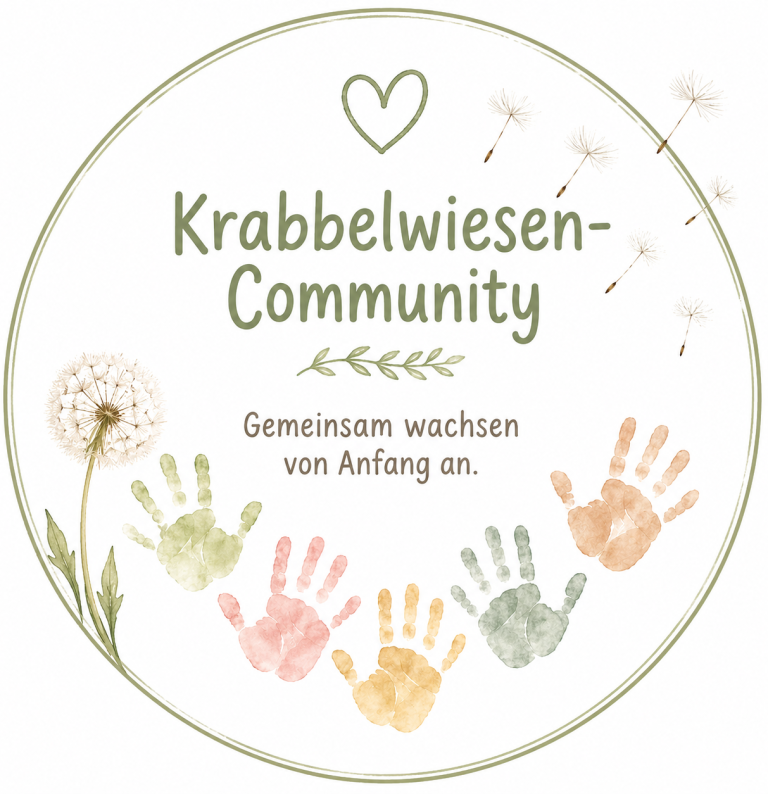 Logo der Krabbewiesen-Community mit bunten Handabdrücken und dem Slogan „Gemeinsam wachsen von Anfang an“.