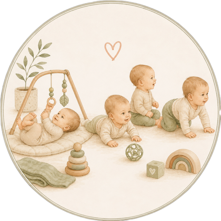 Titelbild Physiologische und motorische Entwicklung-Vortrag Krabbelwiese Baden-Baden Vier Babys spielen auf einem weichen Untergrund mit verschiedenen Spielzeugen.