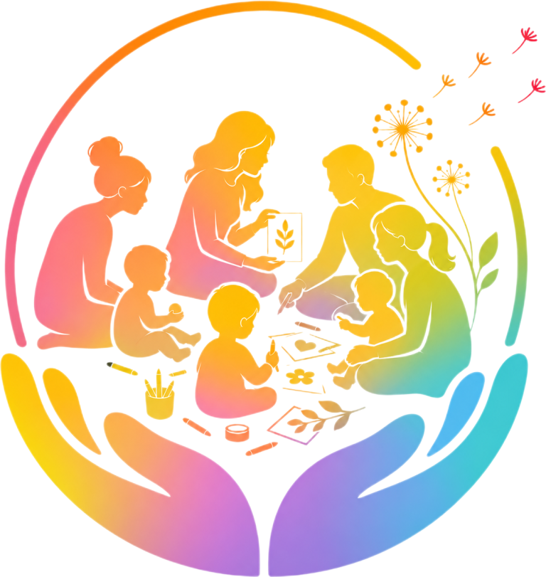 Krabbelwiesen Workshops Eine farbenfrohe Illustration von Familienmitgliedern, die gemeinsam kreativ sind.