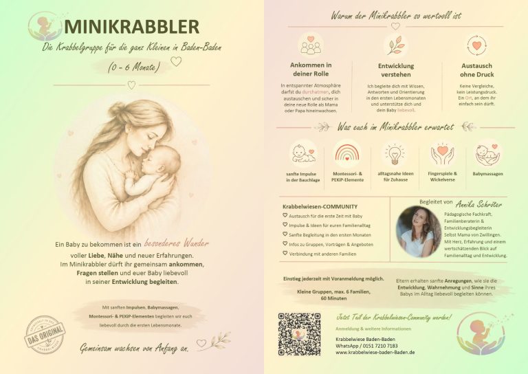 Ein Informationsblatt über Minikrabbler-Angebote mit Kontaktdaten und Bildern.