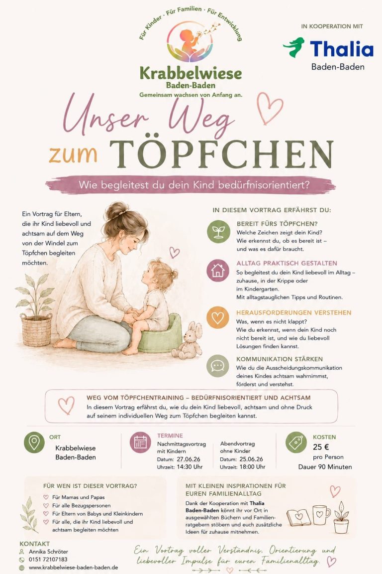 Vortragsflyer Unser Weg zum Töpfchen Krabbelwiese Baden-Baden Mutti mit Kind und Hund, Informationen zum Töpfchen-Training, bunte Grafiken und Symbole.