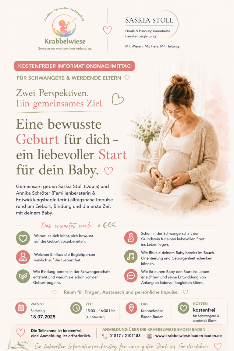 Flyer Eine bewusste Geburt für dich – ein liebevoller Start für dein Baby Vortrag Krabbelwiese Baden Baden Schwangere Frau sitzt mit Pflanzen, umgeben von Informationen zur bewussten Geburt.