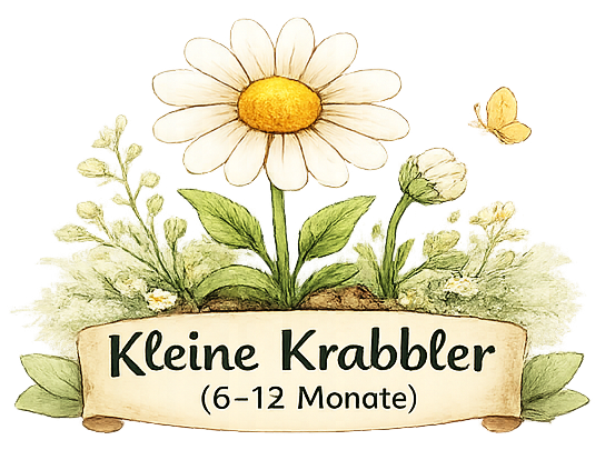 Blumen und eine Schmetterling, mit dem Text "Kleine Krabbler (6-12 Monate)" darunter.