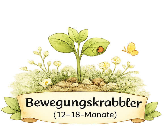 Logo mit einem Keimling, Schmetterling und der Aufschrift „Bewegungskrabblers (12-18 Monate)“.