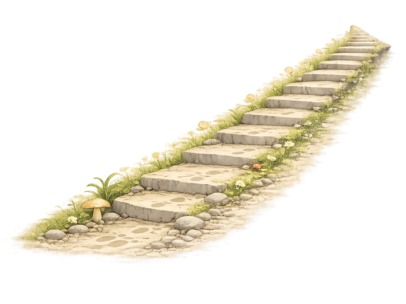 Steinerne Treppe mit Pflanzen und Blumen am Rand.